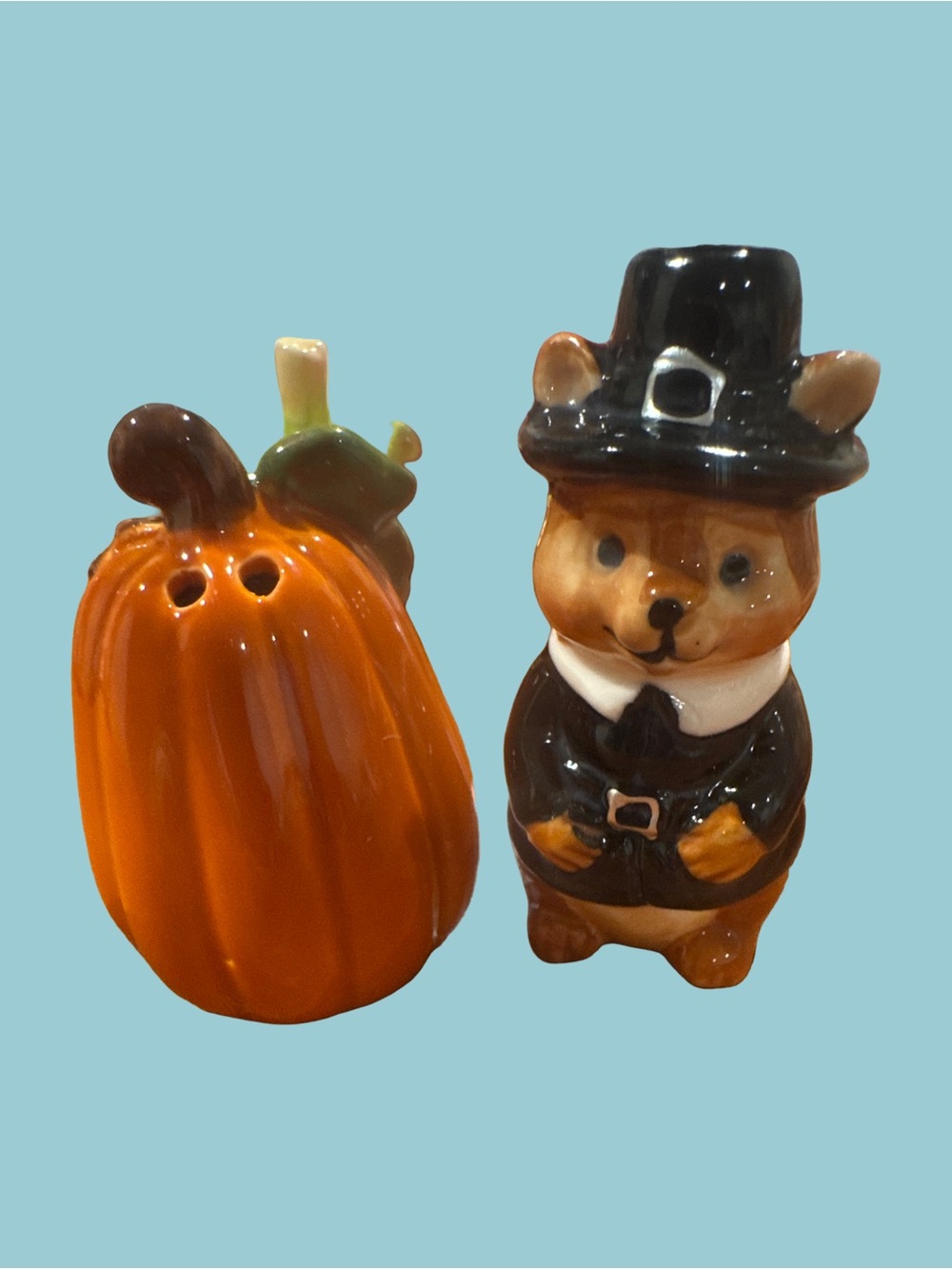 Pilgrim Bear and Pumpkin Ceramic Salt & Pepper Shakers - Orange & Black